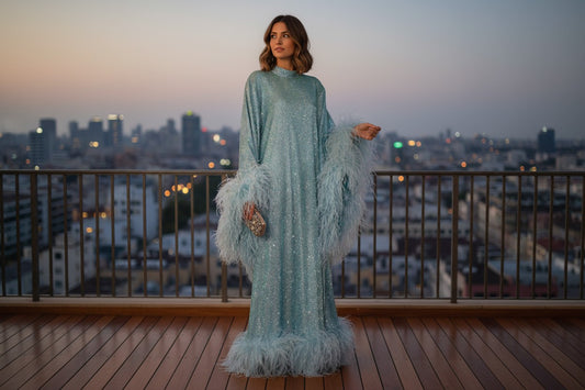 MARAYA Metallic Sparkle Bell Sleeve Feather Maxi Dress (Size 0 US. - 8 US.)