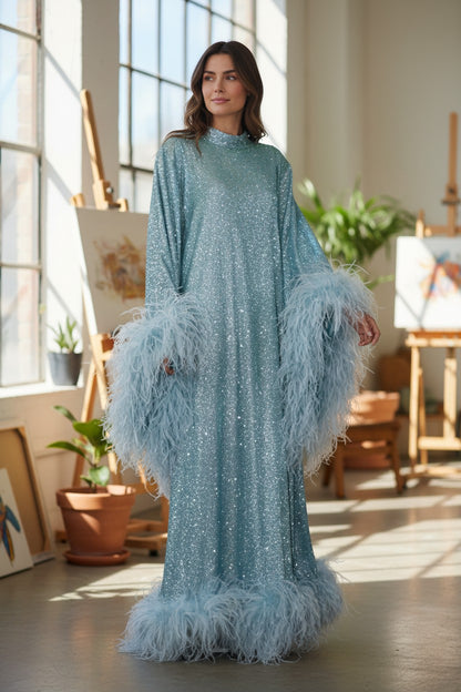 MARAYA Metallic Sparkle Bell Sleeve Feather Maxi Dress (Size 0 US. - 8 US.)