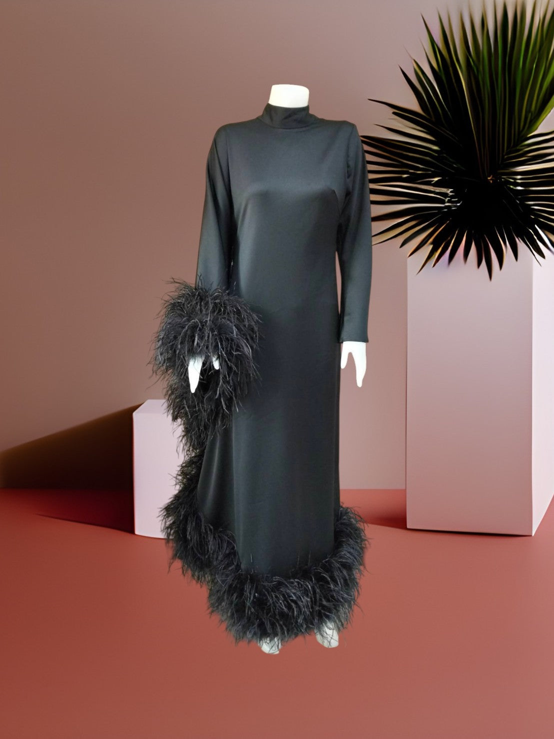 MARAYA Modest Black  Maxi Dress with Feathers, Long Sleeve High Neck Formal Dress, Elegant Gala Evening Gown, Luxury Prom Feather Dress