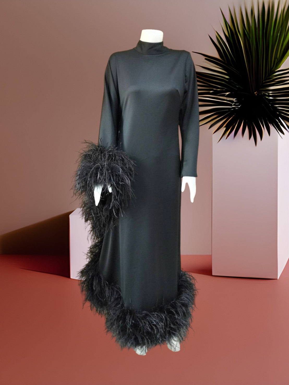 MARAYA Modest Black  Maxi Dress with Feathers, Long Sleeve High Neck Formal Dress, Elegant Gala Evening Gown, Luxury Prom Feather Dress