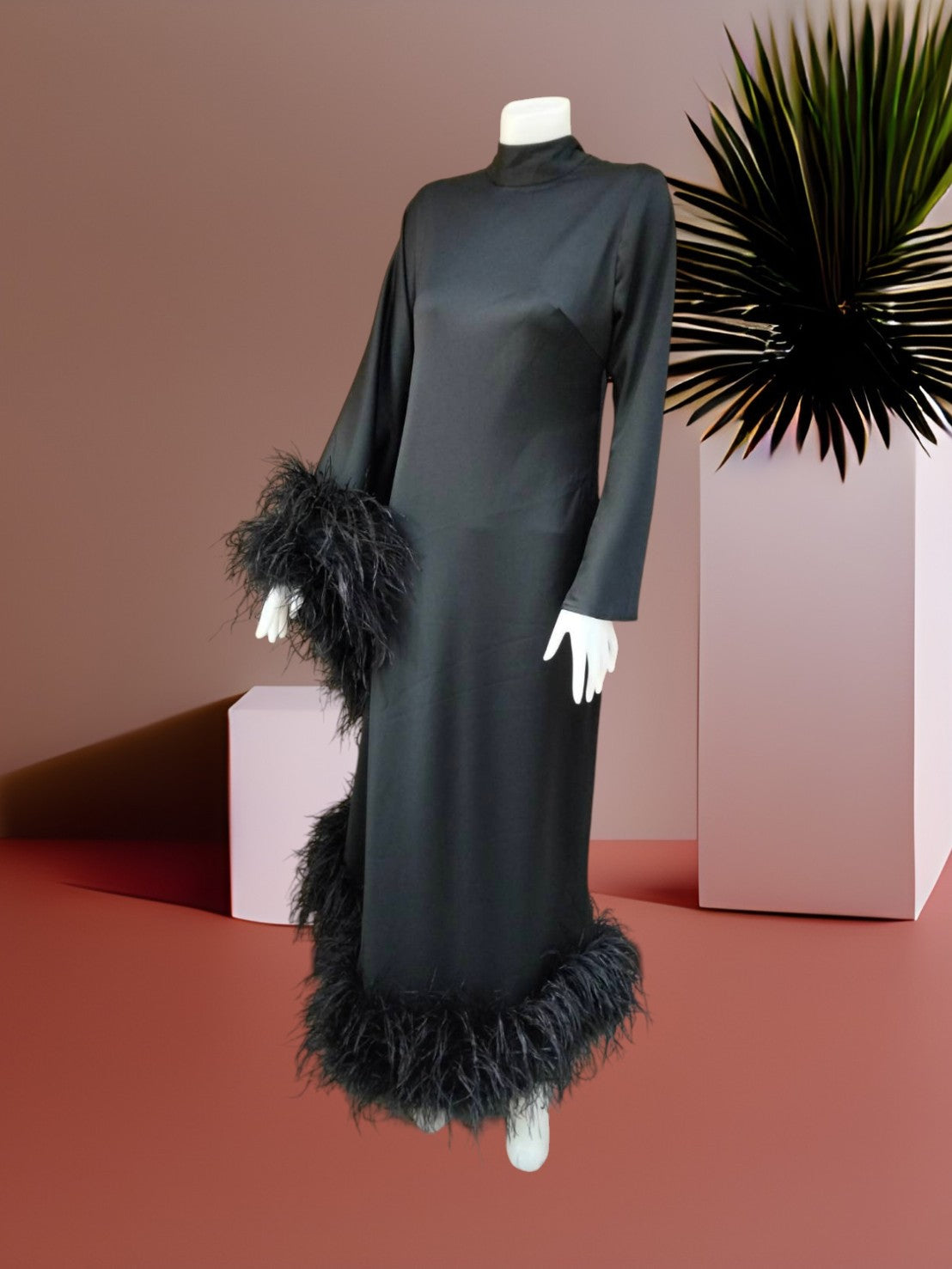 MARAYA Modest Black  Maxi Dress with Feathers, Long Sleeve High Neck Formal Dress, Elegant Gala Evening Gown, Luxury Prom Feather Dress