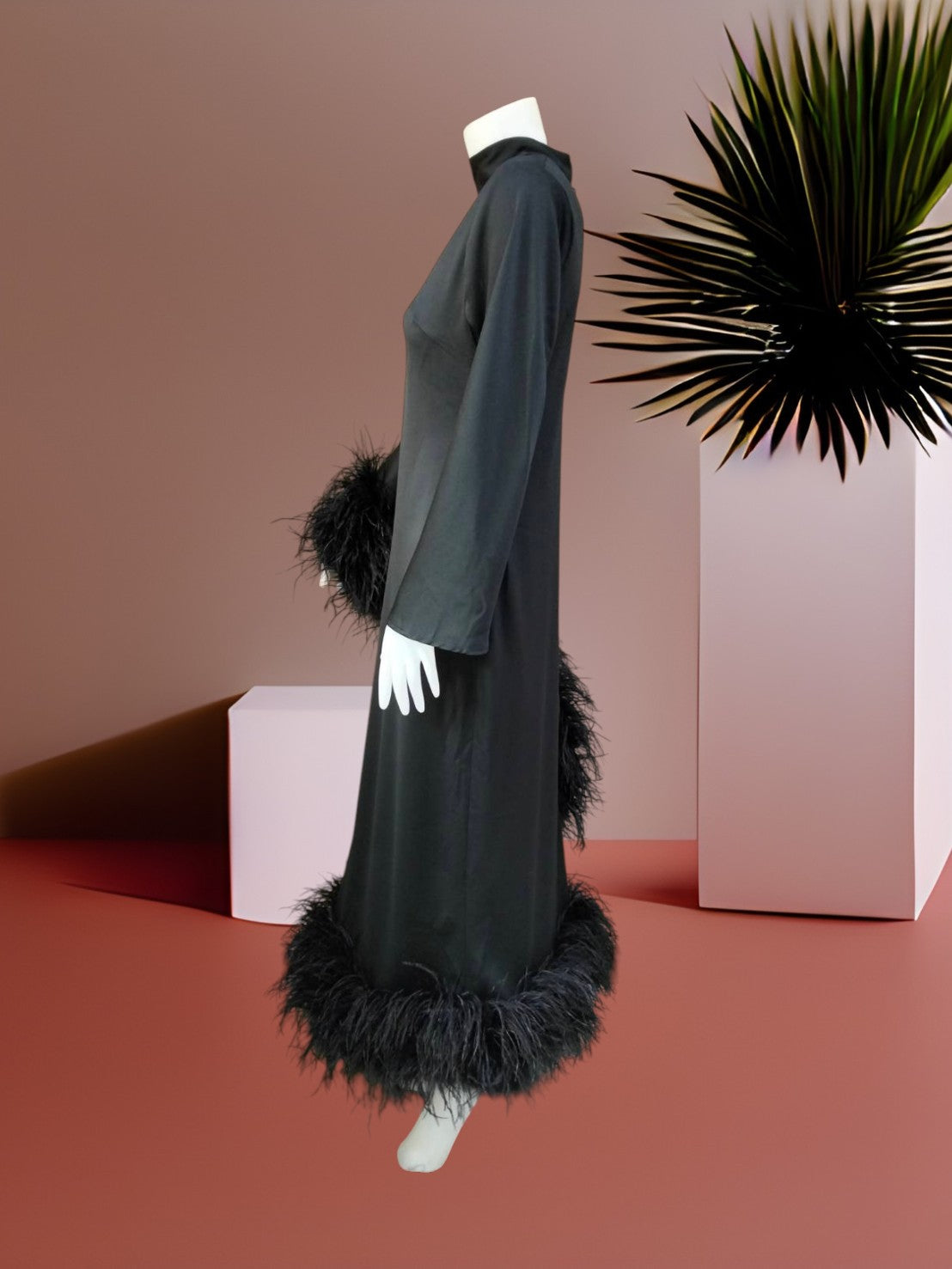 MARAYA Modest Black  Maxi Dress with Feathers, Long Sleeve High Neck Formal Dress, Elegant Gala Evening Gown, Luxury Prom Feather Dress