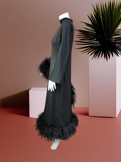 MARAYA Modest Black  Maxi Dress with Feathers, Long Sleeve High Neck Formal Dress, Elegant Gala Evening Gown, Luxury Prom Feather Dress