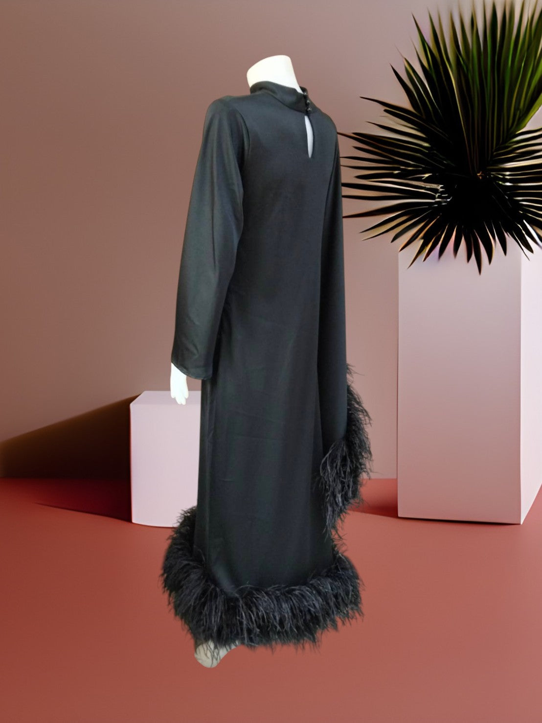 MARAYA Modest Black  Maxi Dress with Feathers, Long Sleeve High Neck Formal Dress, Elegant Gala Evening Gown, Luxury Prom Feather Dress