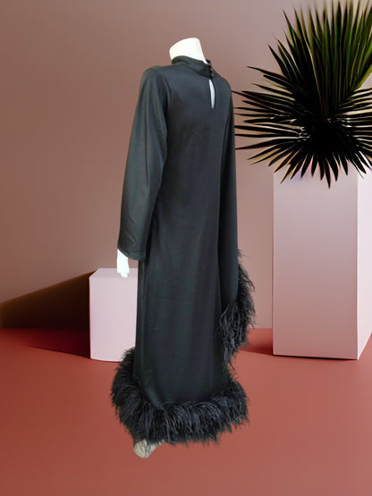 MARAYA Modest Black  Maxi Dress with Feathers, Long Sleeve High Neck Formal Dress, Elegant Gala Evening Gown, Luxury Prom Feather Dress
