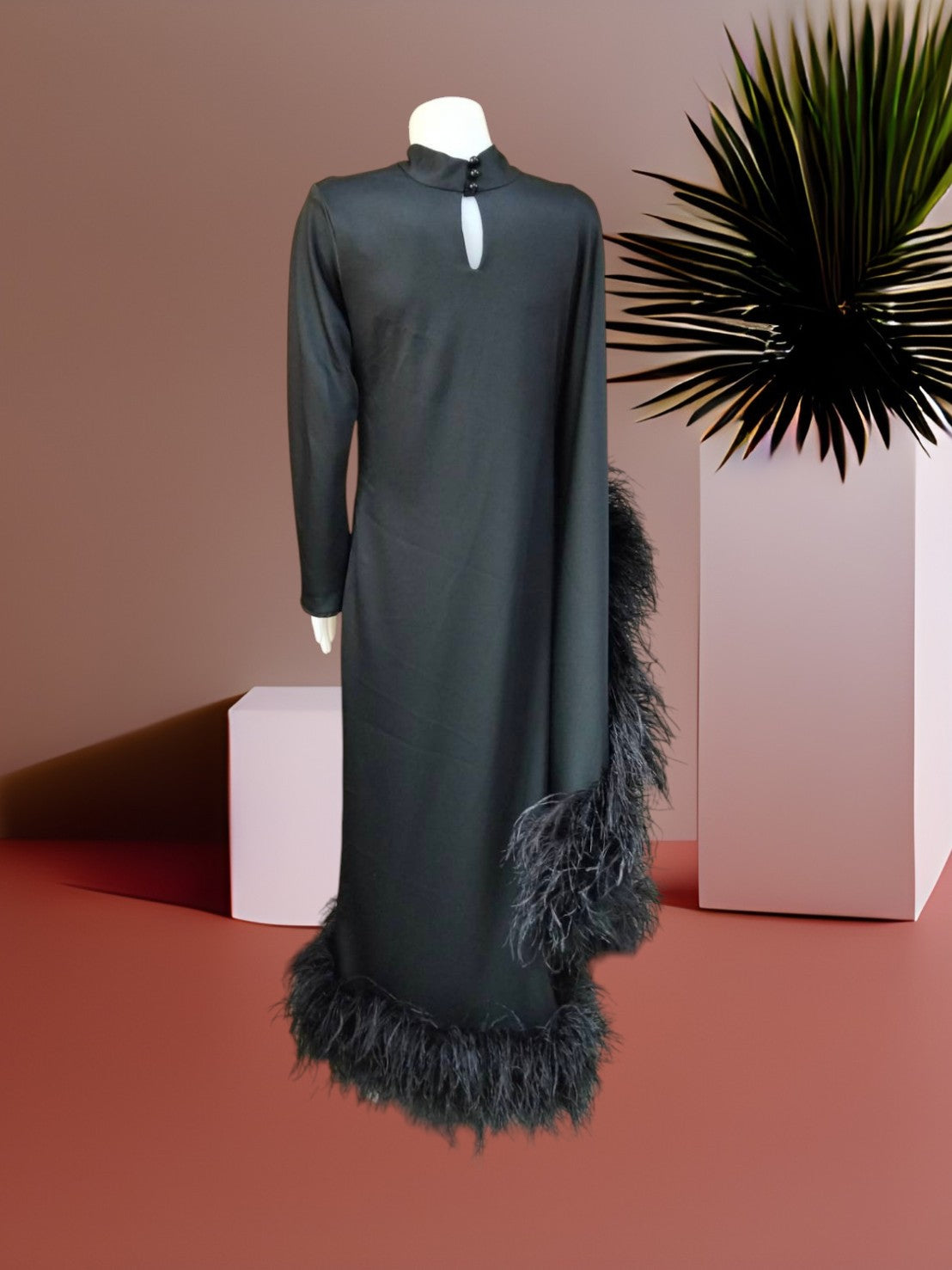 MARAYA Modest Black  Maxi Dress with Feathers, Long Sleeve High Neck Formal Dress, Elegant Gala Evening Gown, Luxury Prom Feather Dress