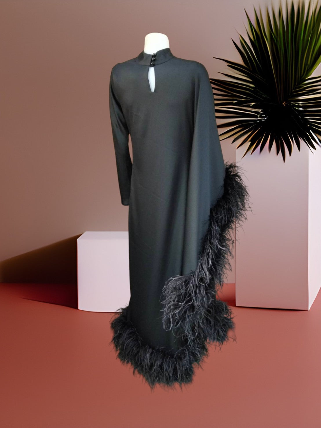 MARAYA Modest Black  Maxi Dress with Feathers, Long Sleeve High Neck Formal Dress, Elegant Gala Evening Gown, Luxury Prom Feather Dress