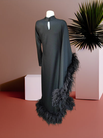 MARAYA Modest Black  Maxi Dress with Feathers, Long Sleeve High Neck Formal Dress, Elegant Gala Evening Gown, Luxury Prom Feather Dress