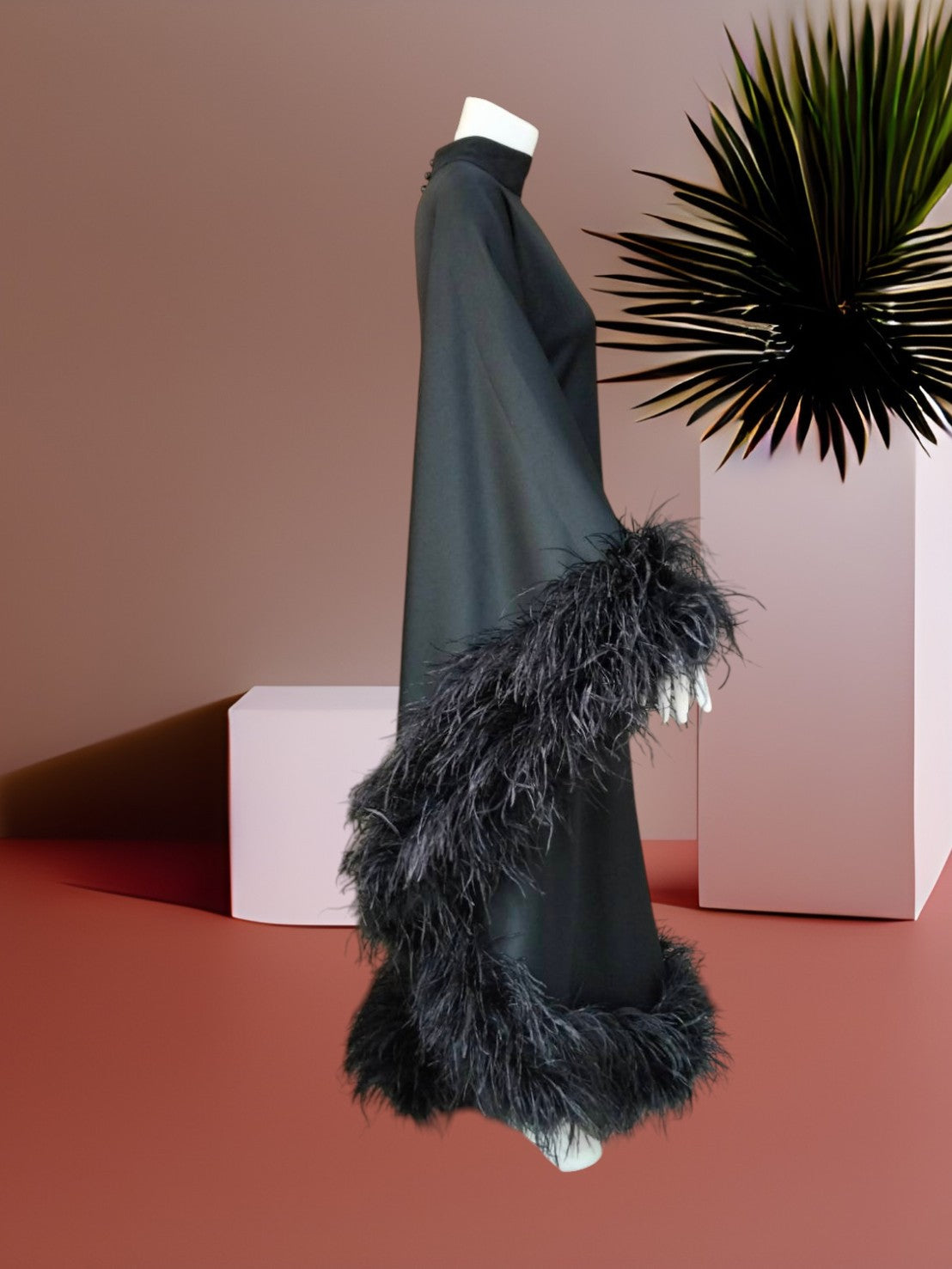 MARAYA Modest Black  Maxi Dress with Feathers, Long Sleeve High Neck Formal Dress, Elegant Gala Evening Gown, Luxury Prom Feather Dress