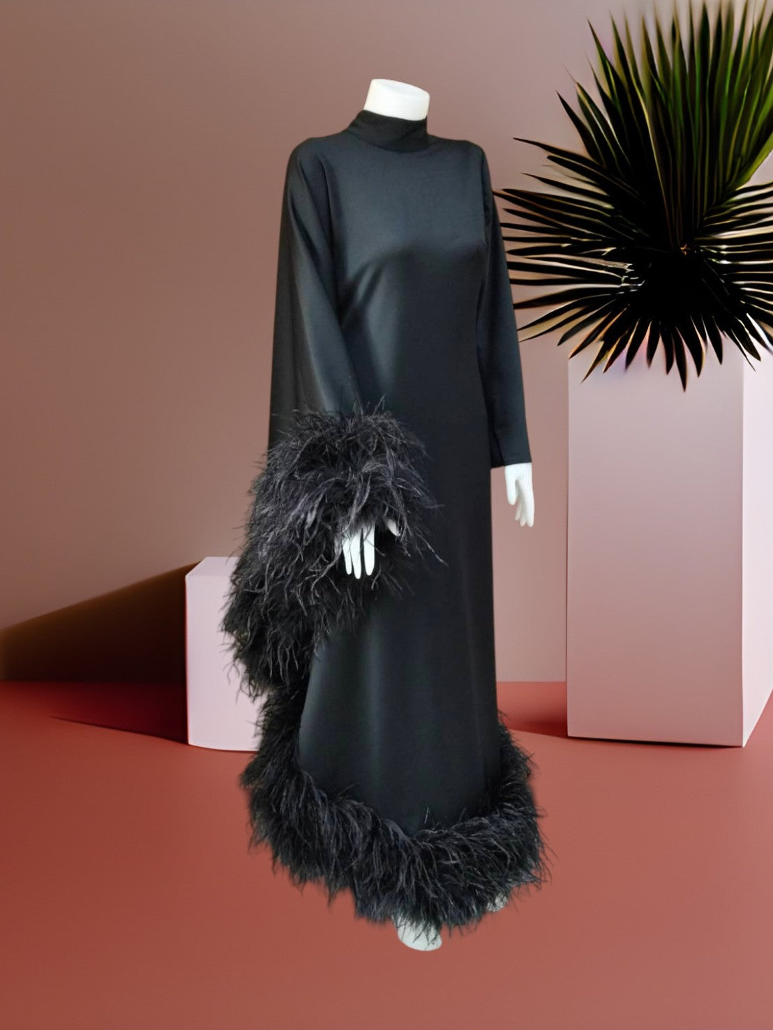 MARAYA Modest Black  Maxi Dress with Feathers, Long Sleeve High Neck Formal Dress, Elegant Gala Evening Gown, Luxury Prom Feather Dress