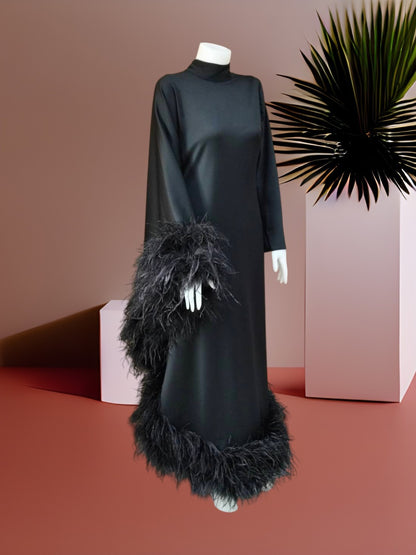 MARAYA Modest Black  Maxi Dress with Feathers, Long Sleeve High Neck Formal Dress, Elegant Gala Evening Gown, Luxury Prom Feather Dress