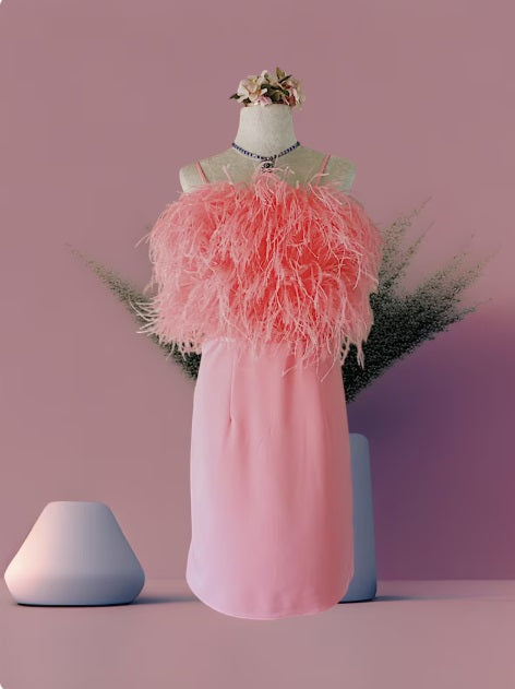 MARAYA Nightgown Soft Fabric Midi Feather  Dress, Wedding Dress