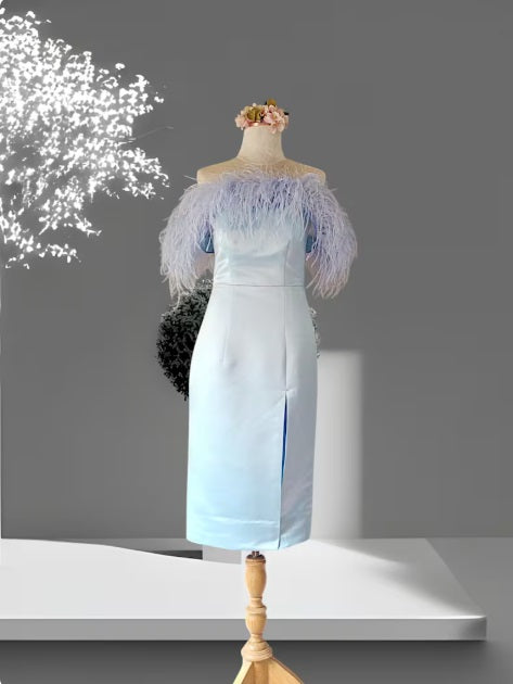 MARAYA Off-Shoulder Feather MIdi Dress, Wedding Dress