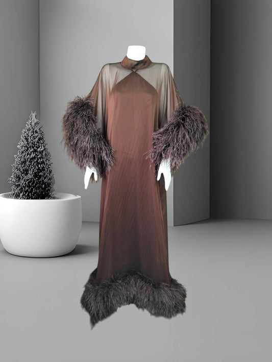 MARAYA Feathers Sleeve and Feather buttom Maxi Dress with Slip dress