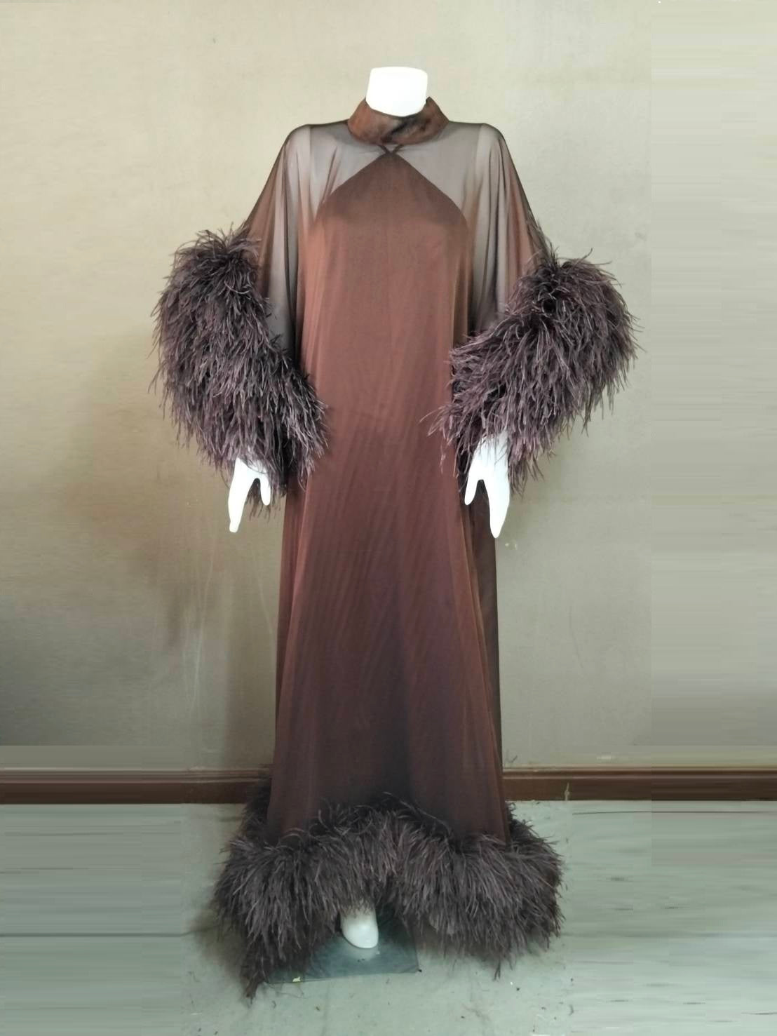 MARAYA Feathers Sleeve and Feather buttom Maxi Dress with Slip dress
