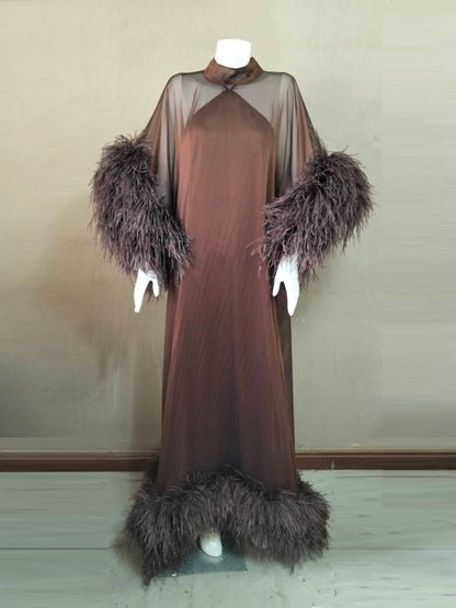 MARAYA Feathers Sleeve and Feather buttom Maxi Dress with Slip dress