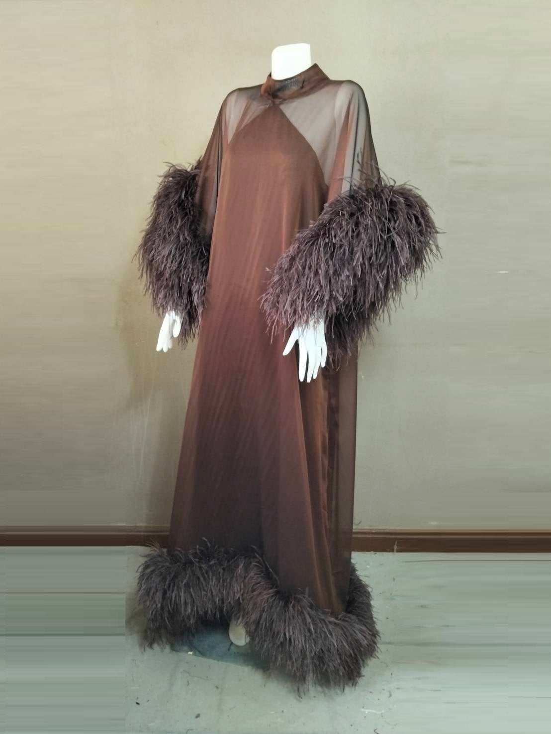 MARAYA Feathers Sleeve and Feather buttom Maxi Dress with Slip dress