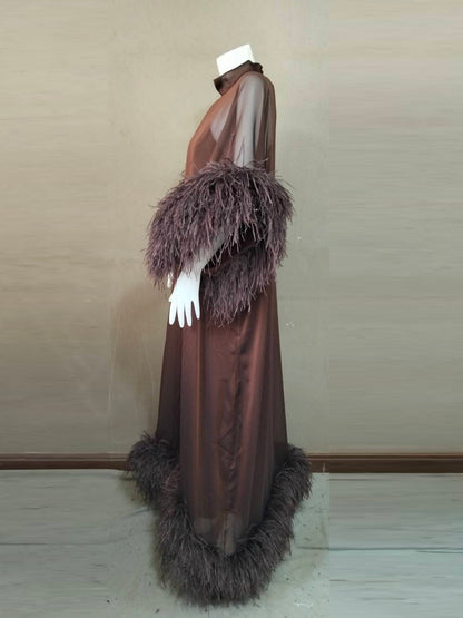 MARAYA Feathers Sleeve and Feather buttom Maxi Dress with Slip dress