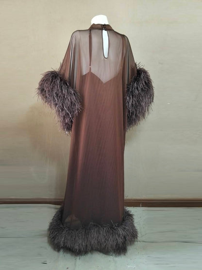 MARAYA Feathers Sleeve and Feather buttom Maxi Dress with Slip dress