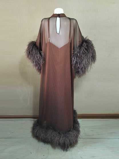 MARAYA Feathers Sleeve and Feather buttom Maxi Dress with Slip dress