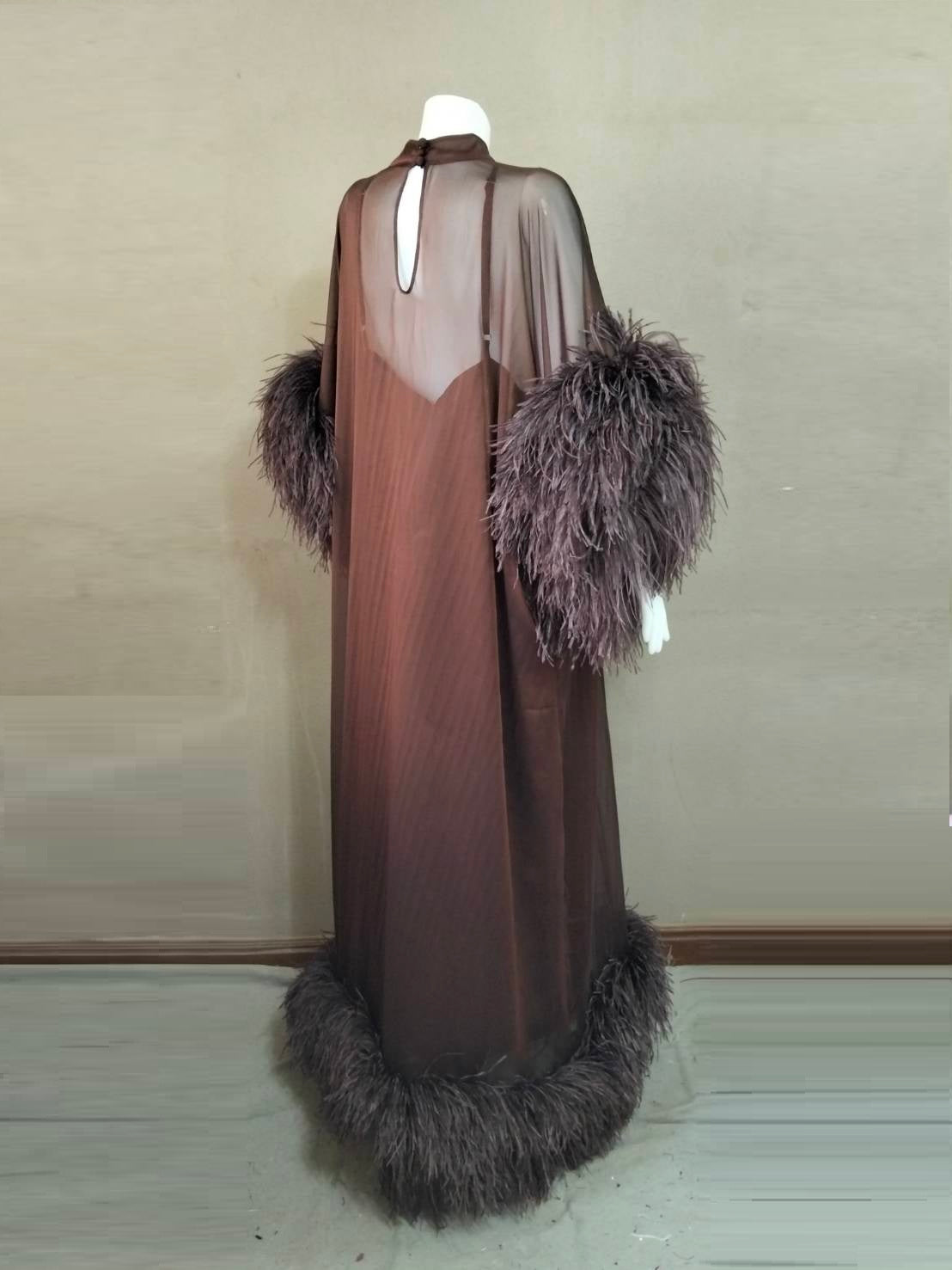 MARAYA Feathers Sleeve and Feather buttom Maxi Dress with Slip dress