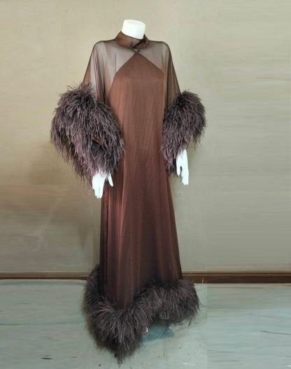MARAYA Feathers Sleeve and Feather buttom Maxi Dress with Slip dress