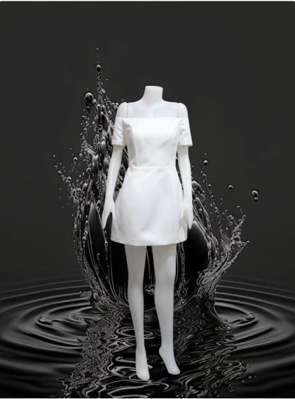 MARAYA Off Shoulder White Wedding Mini Dress