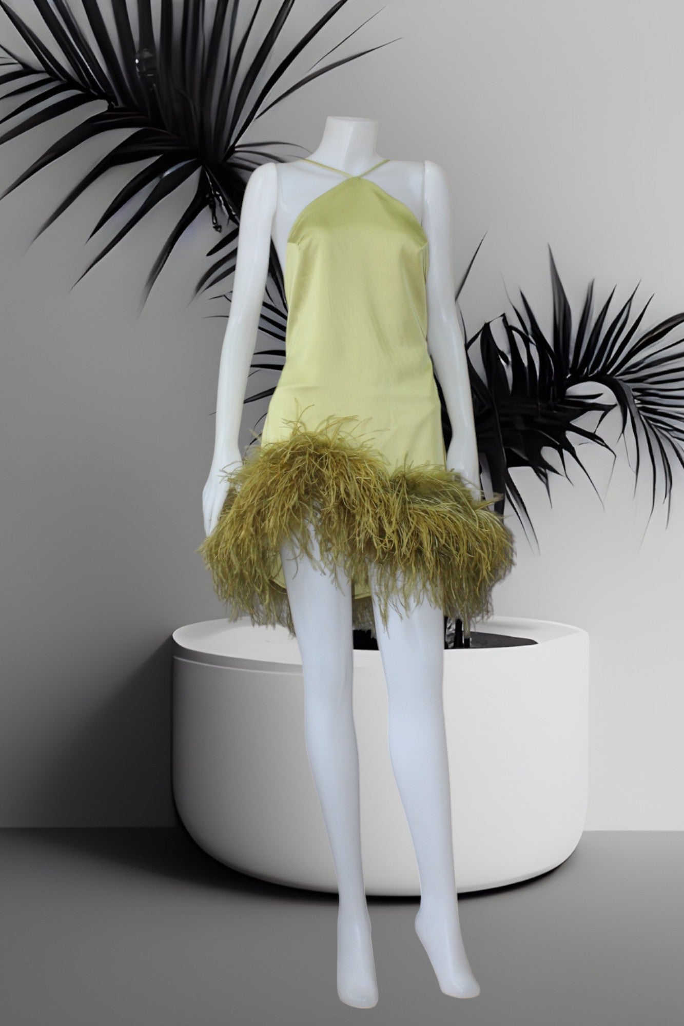 MARAYA Olive Yellow Satin Halter Neck Mini Feather Dress