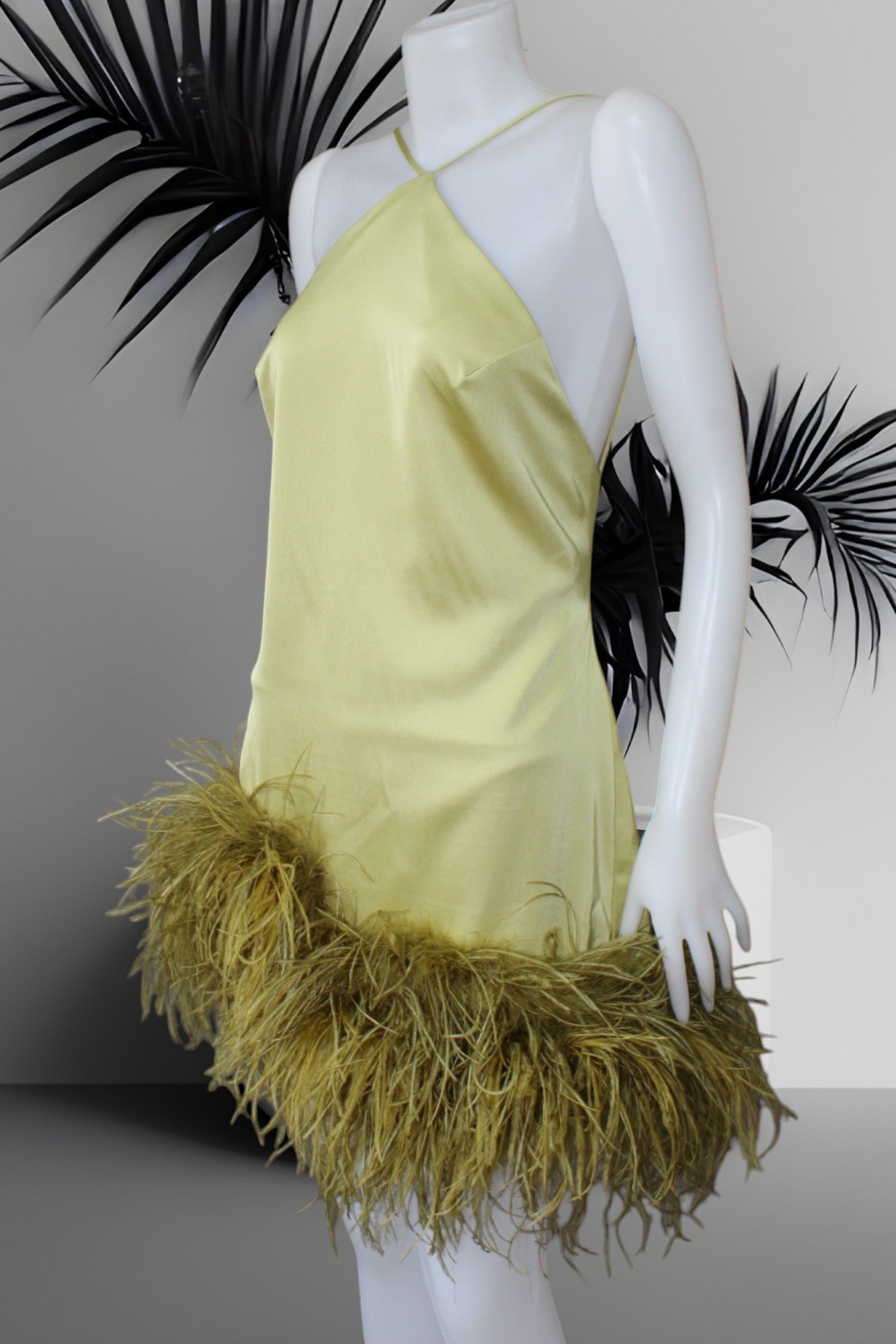 MARAYA Olive Yellow Satin Halter Neck Mini Feather Dress