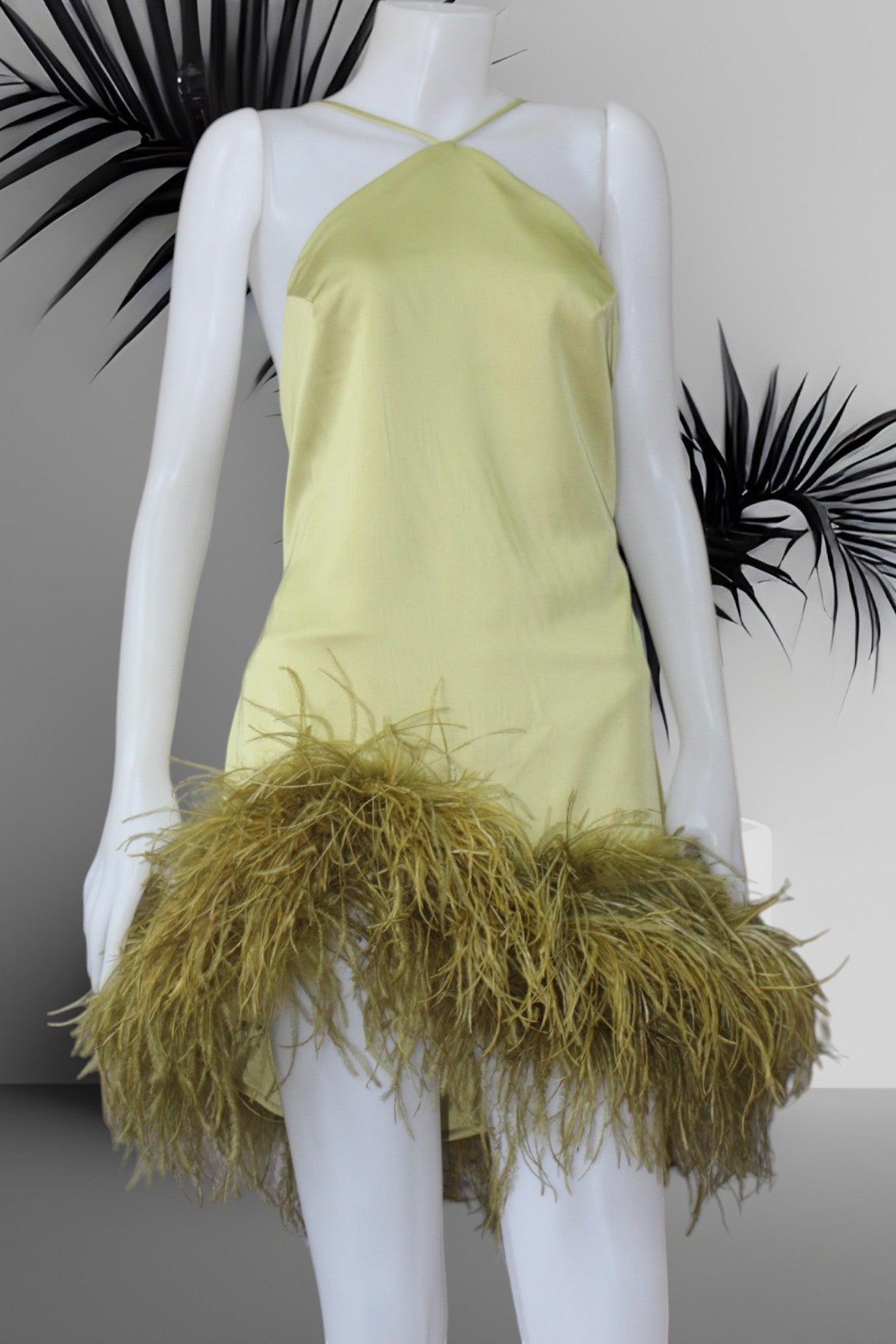 MARAYA Olive Yellow Satin Halter Neck Mini Feather Dress