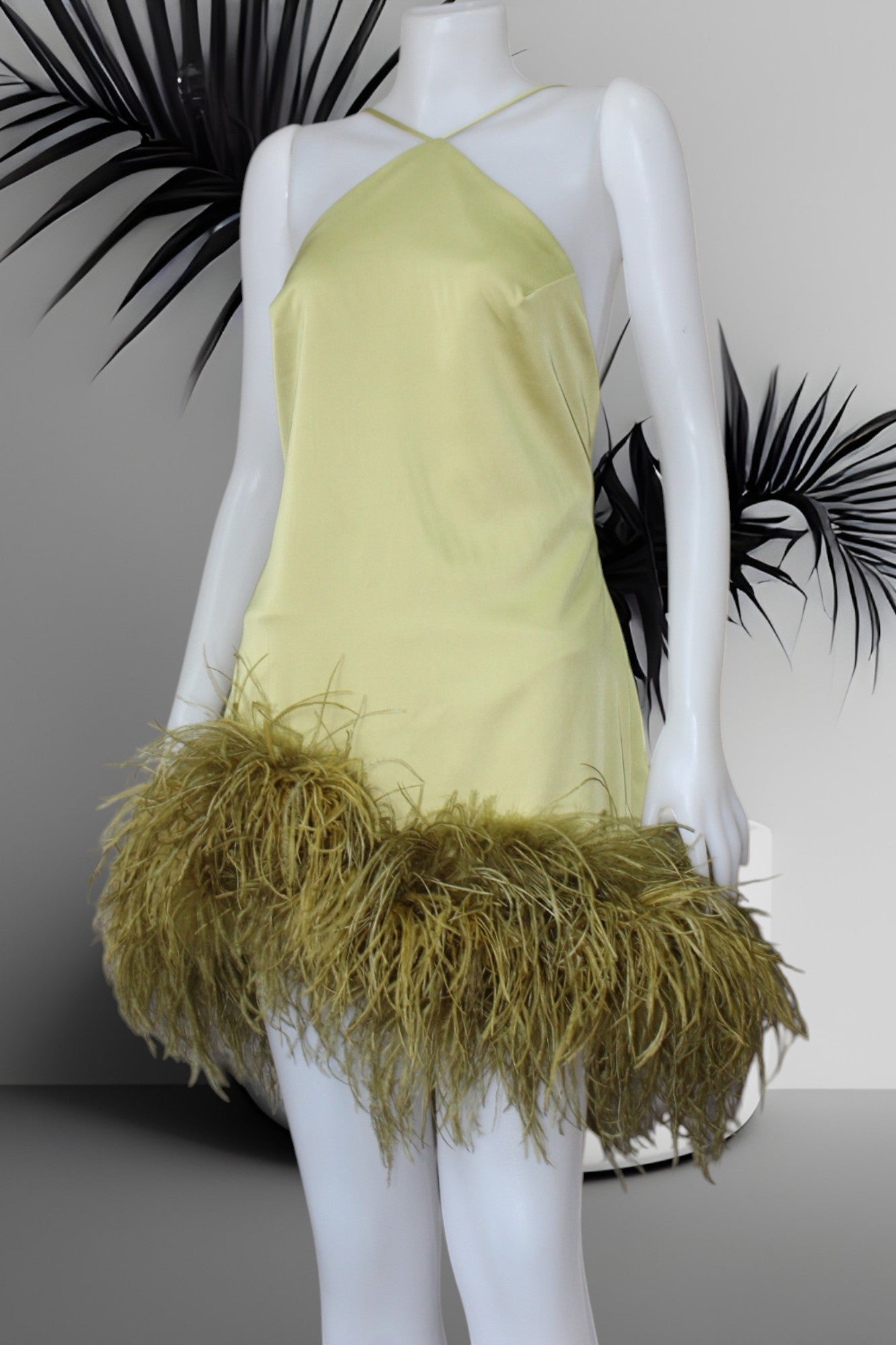 MARAYA Olive Yellow Satin Halter Neck Mini Feather Dress