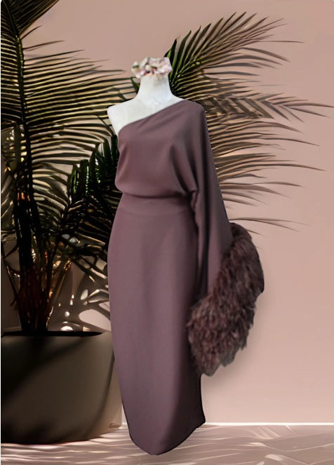 MARAYA One-Shoulder Brown Waist Jump Maxi Slit Feather Dress