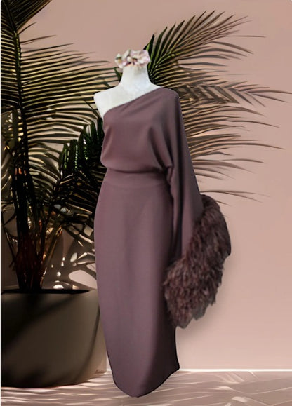MARAYA One-Shoulder Brown Waist Jump Maxi Slit Feather Dress