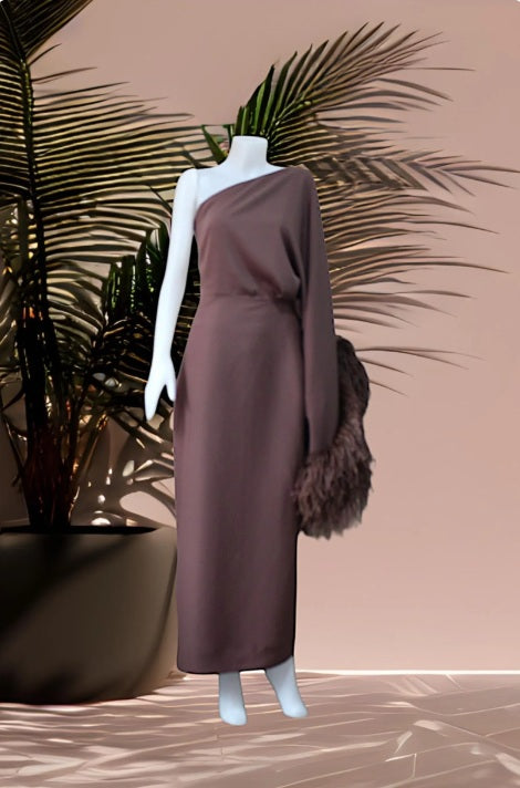 MARAYA One-Shoulder Brown Waist Jump Maxi Slit Feather Dress