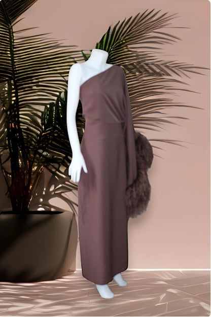 MARAYA One-Shoulder Brown Waist Jump Maxi Slit Feather Dress