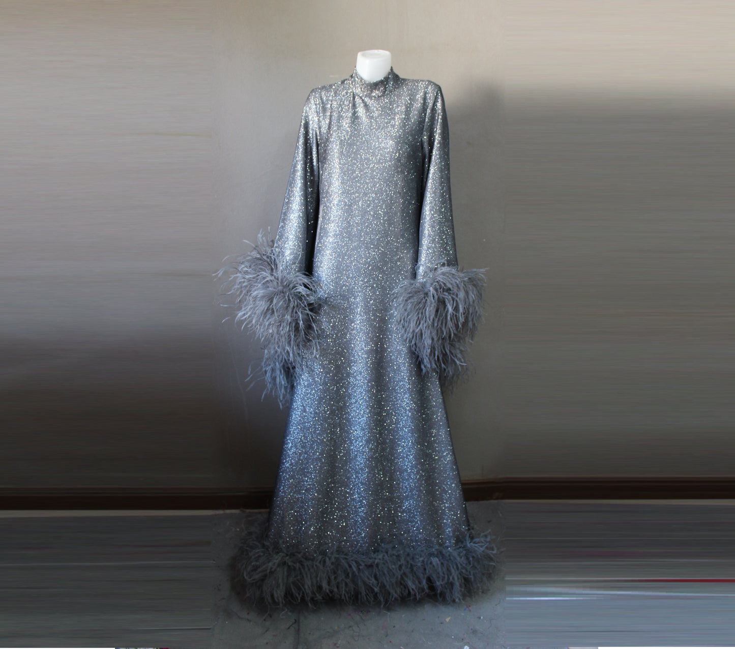 MARAYA Onyx Metallic Sparkle Bell Sleeve Feather Maxi Dress (Size 10 US. - 18 US.)