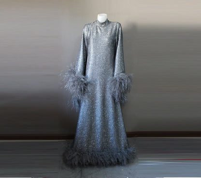 MARAYA Onyx Metallic Sparkle Bell Sleeve Feather Maxi Dress (Size 10 US. - 18 US.)
