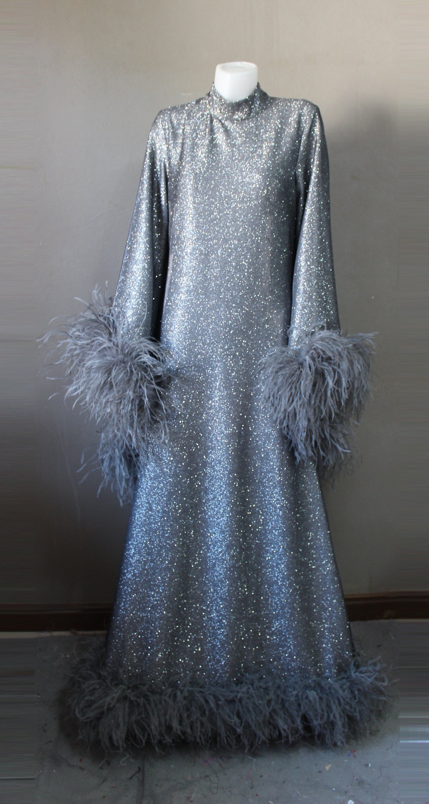 MARAYA Onyx Metallic Sparkle Bell Sleeve Feather Maxi Dress (Size 10 US. - 18 US.)