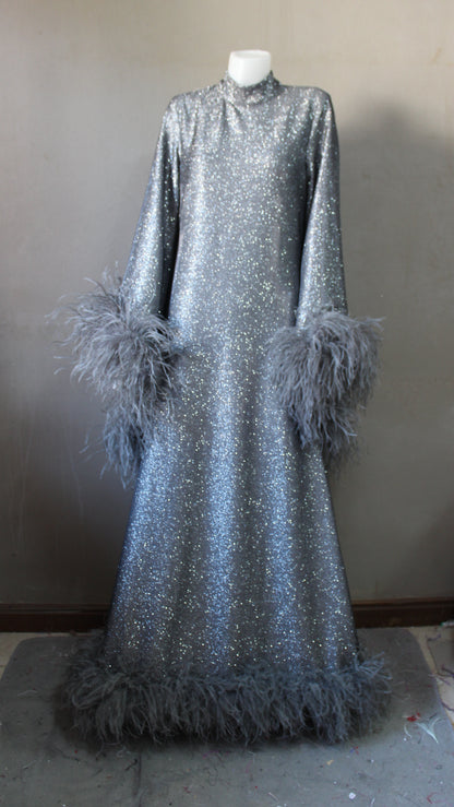 MARAYA Onyx Metallic Sparkle Bell Sleeve Feather Maxi Dress (Size 10 US. - 18 US.)