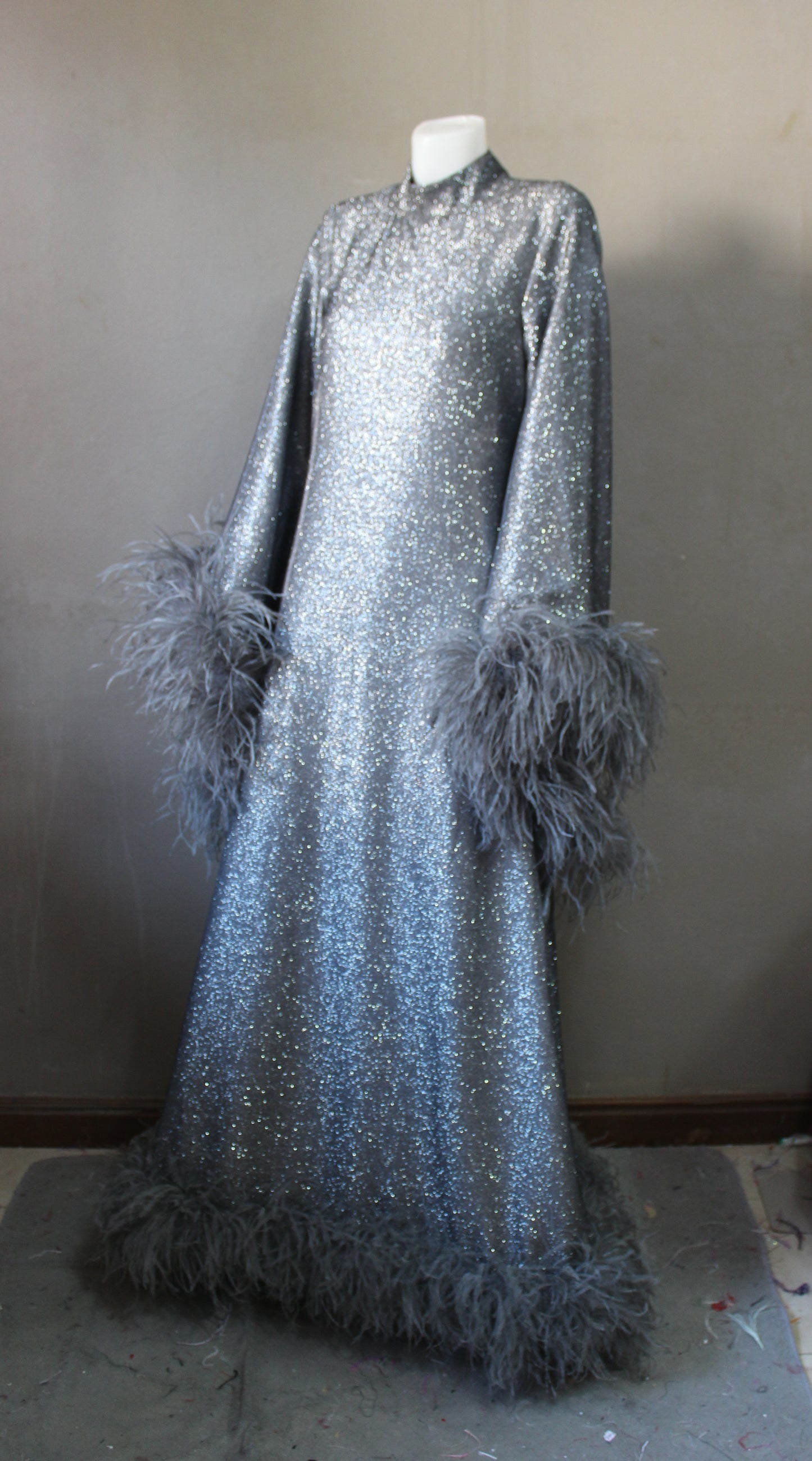 MARAYA Onyx Metallic Sparkle Bell Sleeve Feather Maxi Dress (Size 10 US. - 18 US.)