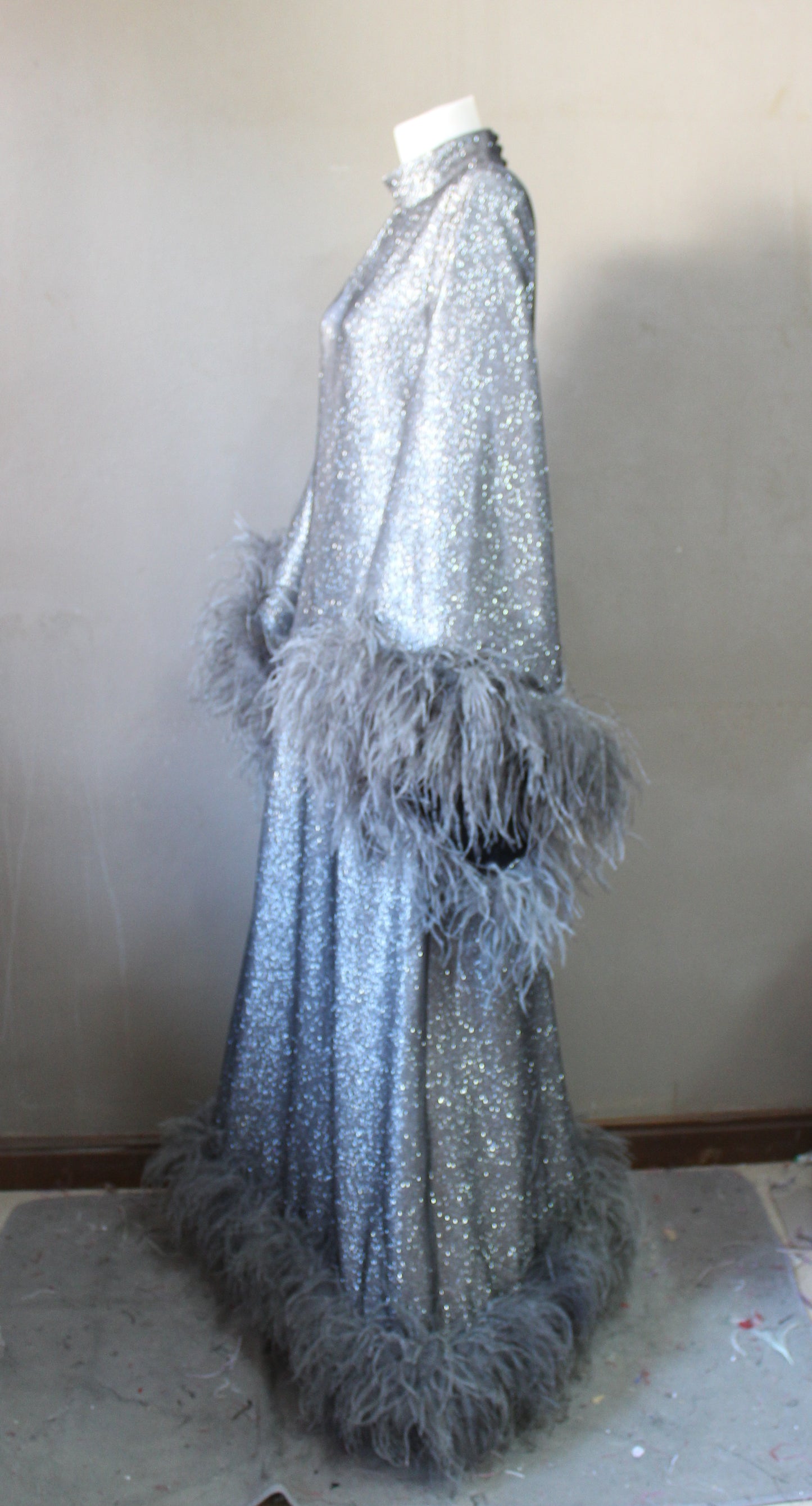 MARAYA Onyx Metallic Sparkle Bell Sleeve Feather Maxi Dress (Size 10 US. - 18 US.)