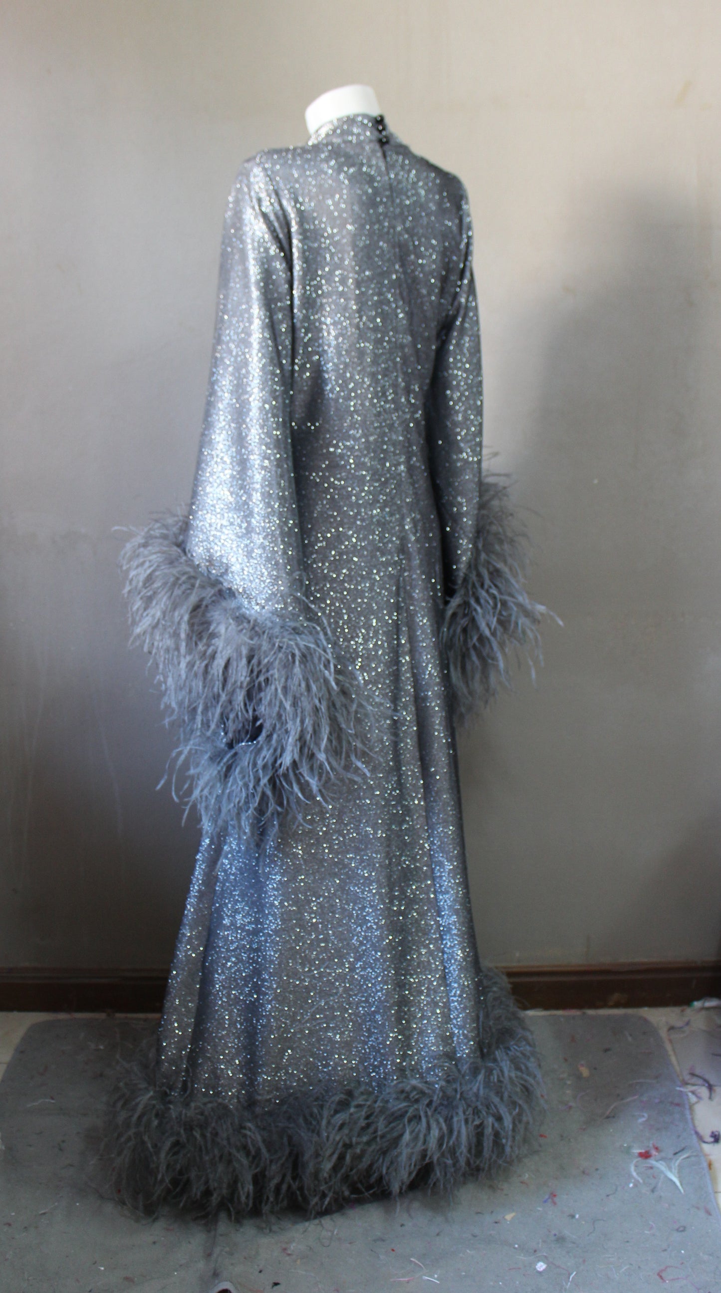MARAYA Onyx Metallic Sparkle Bell Sleeve Feather Maxi Dress (Size 10 US. - 18 US.)