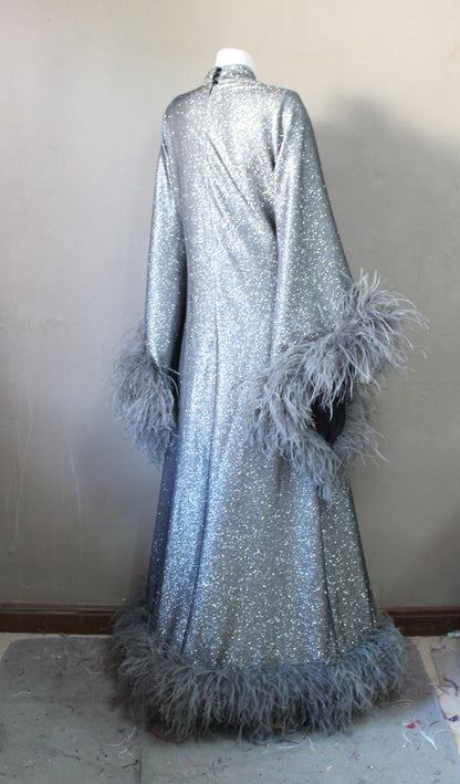 MARAYA Onyx Metallic Sparkle Bell Sleeve Feather Maxi Dress (Size 10 US. - 18 US.)