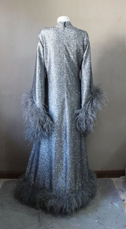 MARAYA Onyx Metallic Sparkle Bell Sleeve Feather Maxi Dress (Size 10 US. - 18 US.)