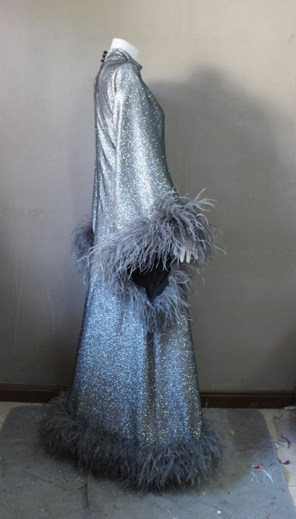 MARAYA Onyx Metallic Sparkle Bell Sleeve Feather Maxi Dress (Size 10 US. - 18 US.)