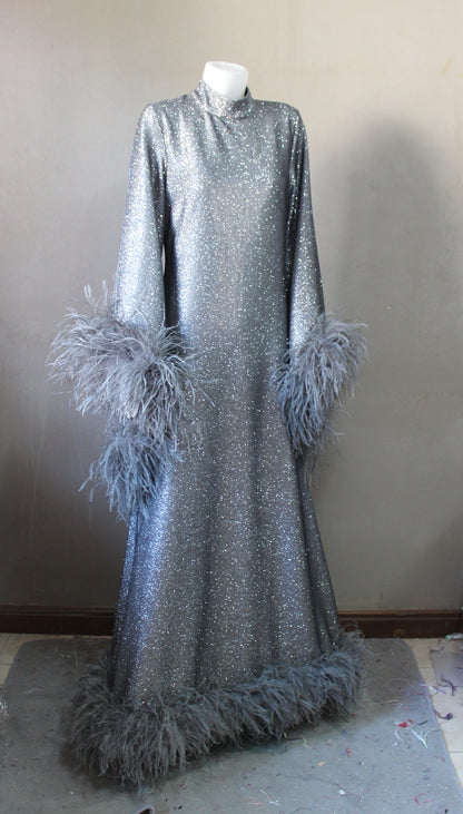 MARAYA Onyx Metallic Sparkle Bell Sleeve Feather Maxi Dress (Size 10 US. - 18 US.)