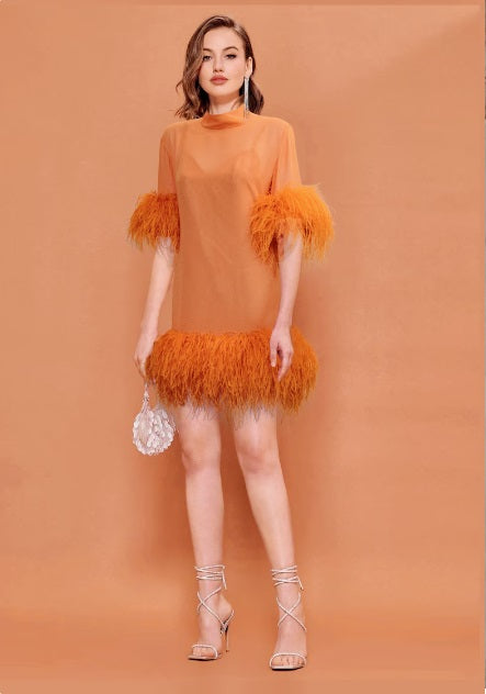 MARAYA Orange Long Sleeves Feathered Mini Dress