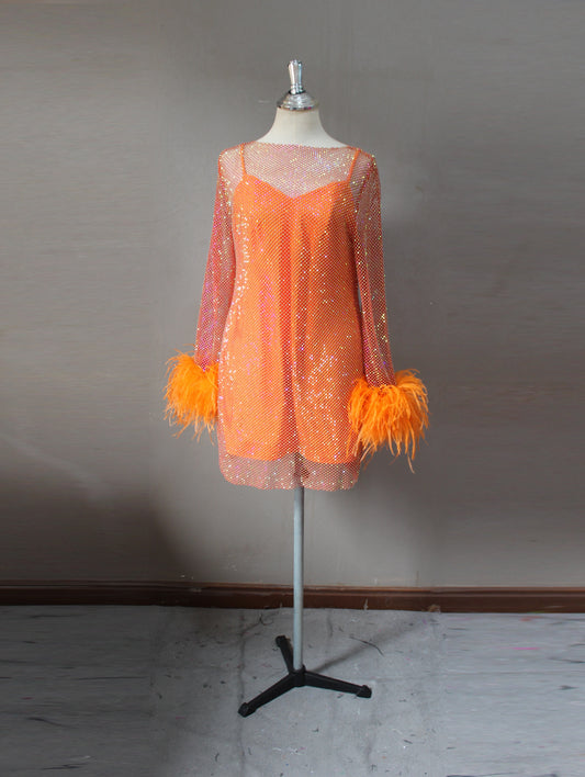 MARAYA Orange Rhinestone mesh Long Sleeve Mini Feather Dress With Slip dress