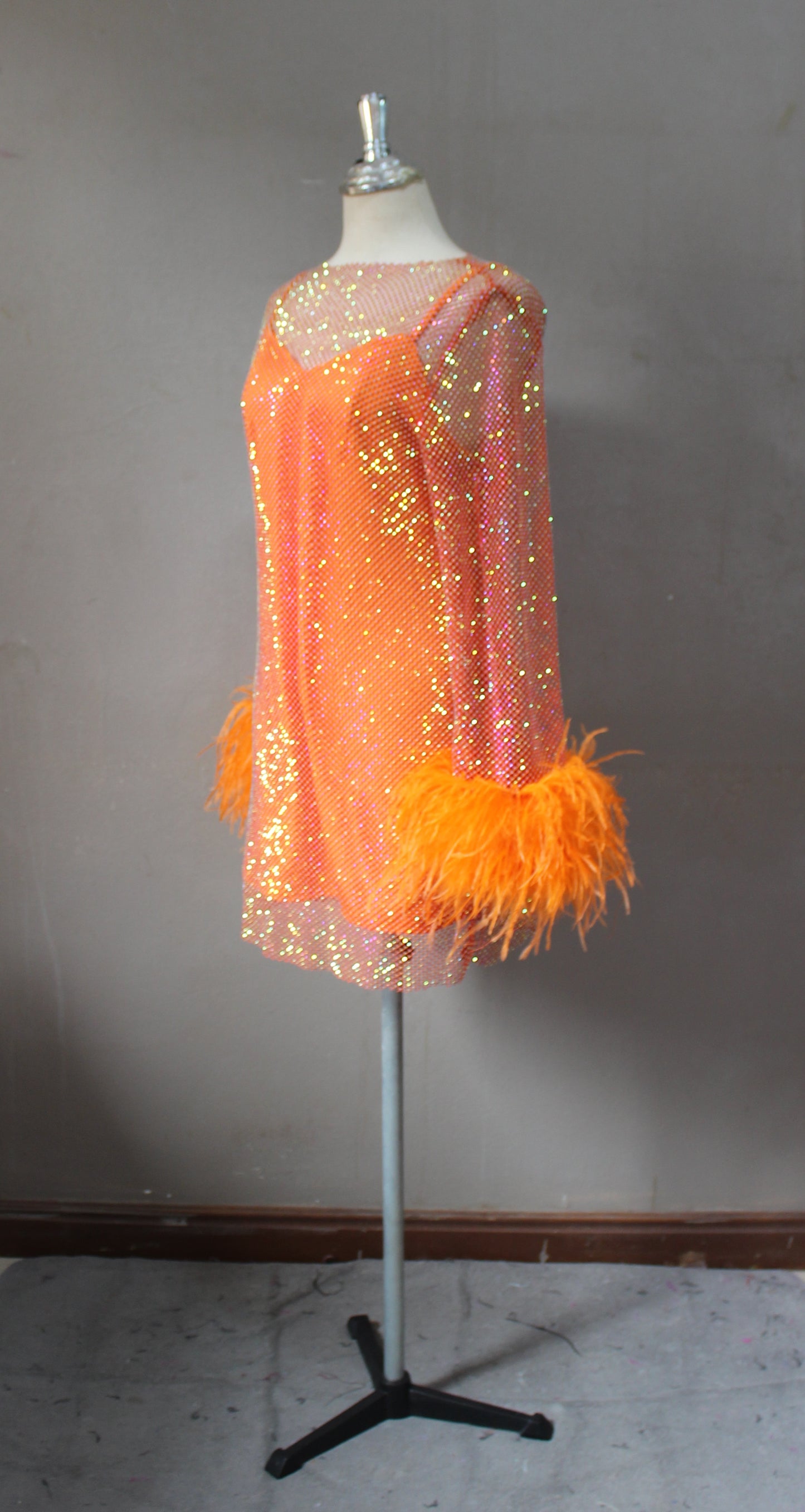 MARAYA Orange Rhinestone mesh Long Sleeve Mini Feather Dress With Slip dress