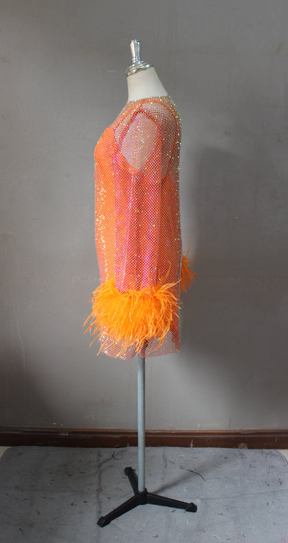 MARAYA Orange Rhinestone mesh Long Sleeve Mini Feather Dress With Slip dress